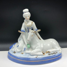 PORCELAIN VICTORIAN GOLD WHITE HORSE fine china lady feeds pony figurine... - $74.25