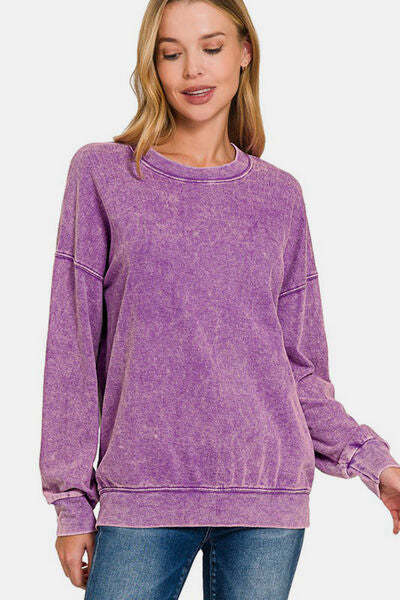 Zenana Washed Round Neck Dropped Shoulder Sweatshirt - $31.19