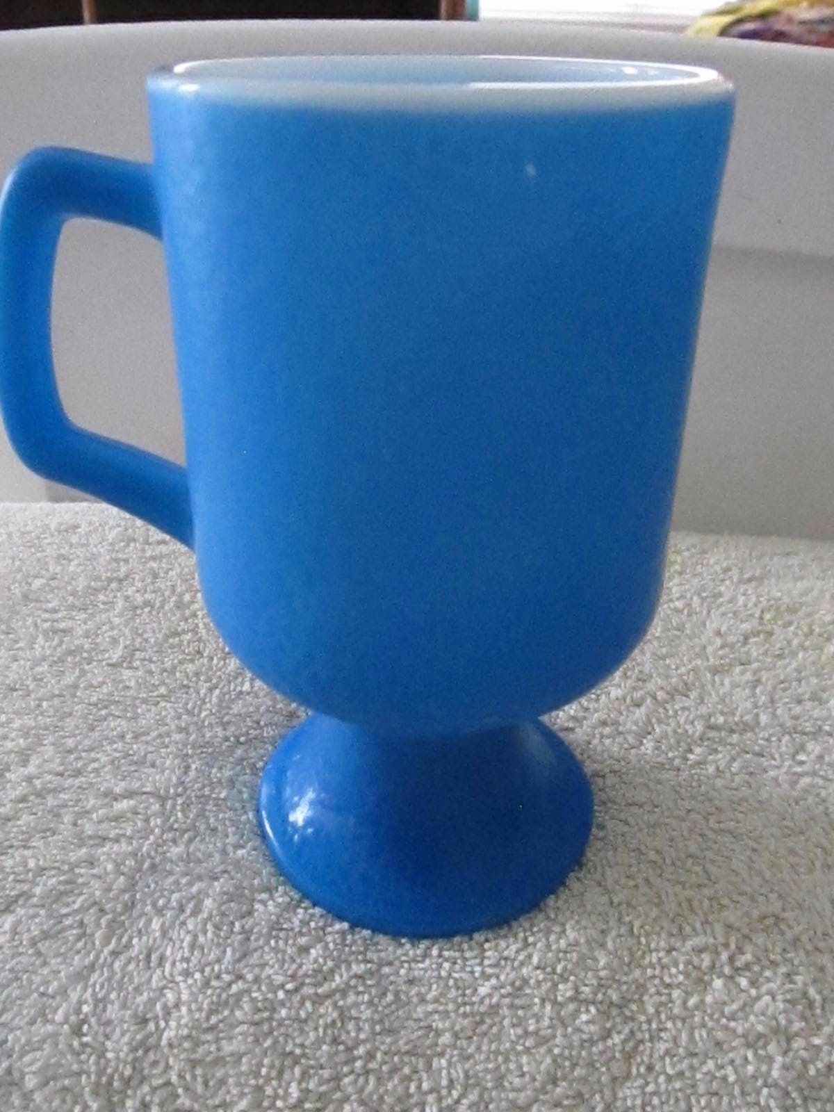 Vintage Anchor Hocking Blue Frosted On White Milk Glass Tall Footed Coffee Mug! - $17.37