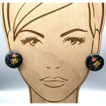 West Germany Retro Floral Earrings, Black Plastic Clip On with Omega Backs - £37.89 GBP