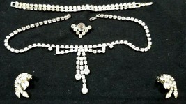 EUC Rhinestone Necklace Brooch Bracelet &amp; Clip Earrings 5 FAB PIECES Sil... - £19.73 GBP