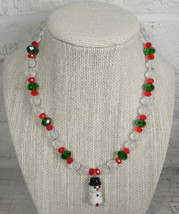 Snowman Holiday Necklace Frosted Glass Crystal Girls Handmade Red Green - $16.82