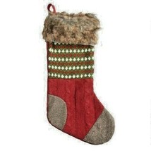 NEW Red Green Knit HERRINGBONE CHRISTMAS STOCKING Brown Faux Fur Trim 20... - £19.74 GBP