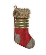 NEW Red Green Knit HERRINGBONE CHRISTMAS STOCKING Brown Faux Fur Trim 20... - £19.35 GBP