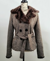 Marcelle Renee Lux Women&#39;s Belted Brown Tweed Jacket w/ Faux Fur Trim Sz M - £24.05 GBP