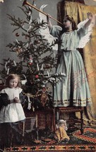 WINGED ANGEL BLOWS HORN-YOUNG GIRL-TOY DOLL-1906 PSTMK CHRISTMAS POSTCARD - £5.88 GBP