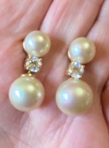 Marjorie Statement Costume Pearl CZ Gold Tone Dangle Vintage Pierced Ear... - $59.40