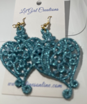 Earrings Metallic Teal Filigree Free Standing Lace BOHO Dangle French Wire 3&quot; l - £13.41 GBP