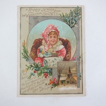 Victorian Trade Card Christmas New Year Girl Doll Church Winter Woolson Spice Co - £11.78 GBP