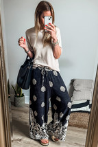 Black Bohemian Printed Drawstring Elastic Waistband Wide Leg Pants - $283.62 MXN