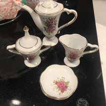 Miniature Tea Set Porcelain Teapot Creamer &amp; Sugar Bowl Pink Red White Rose 5 Pc - £17.86 GBP