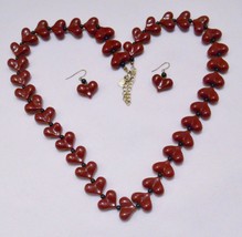 You &amp; I Brand Vtg Puffy Heart Necklace &amp; Earrings Maroon Plastic Pierced Artsy - £24.05 GBP