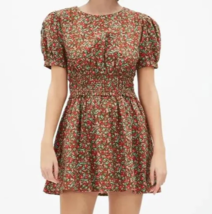 Free People Pennie Mini Dress Floral Brown Puff Sleeve Smock Waist Cotto... - €34,23 EUR