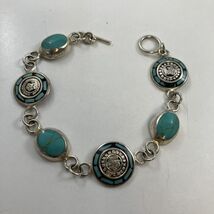 Sterling Silver 925 Aztec Mayan Calendar Turquoise Cabochon 7.5” Bracele... - $44.50
