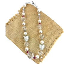 Clear Chunky Glass Heart Plastic Beaded Necklace Wired Faux Pearl 18&quot; long - £10.60 GBP