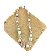 Clear Chunky Glass Heart Plastic Beaded Necklace Wired Faux Pearl 18&quot; long - £10.60 GBP