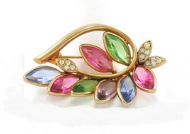 Vintage Marquis-cut Rhinestone Brooch Leaves on Vine Crystals Gold Tone Pin - £11.95 GBP