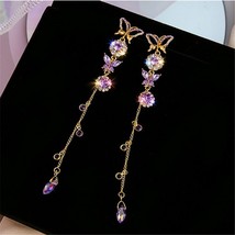 FYUAN Beautiful Butterfly Drop Earrings for Women Long Tassel Purple Crystal Ear - $9.36