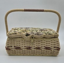Azar Wicker Sewing Basket Floral Tapestry Box Padded Lining Tray Vintage - $387.62 MXN