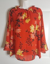 Old Navy Long Bell Sleeve Ruffle Neckline Boho Floral Tunic Top Blouse Size Sm - £9.70 GBP