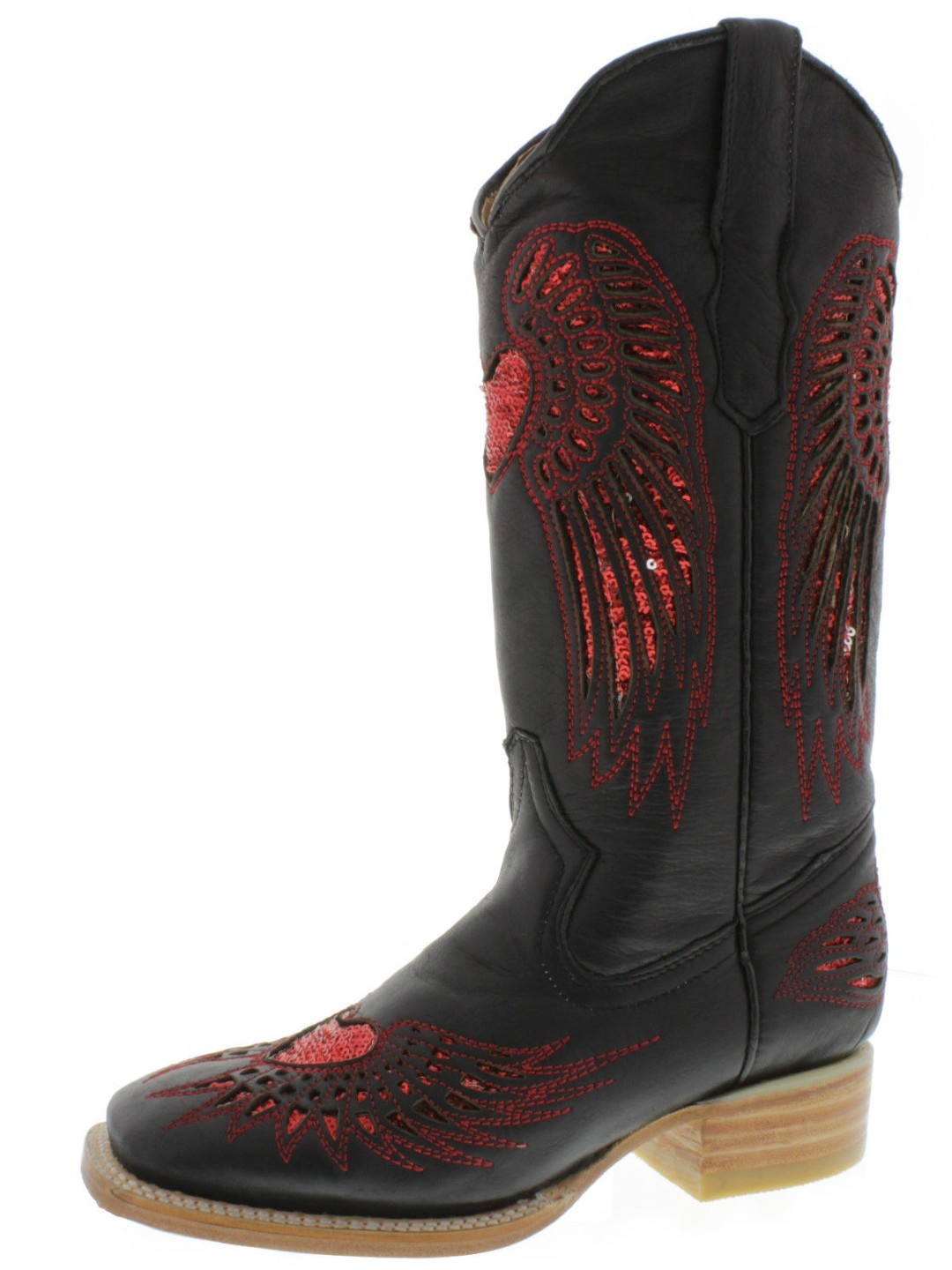 Womens Western Boots Cowboy Black Leather Red Sequins Heart Wings Size 5 - $76.82