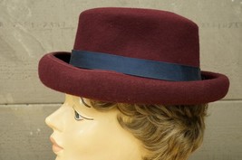 Vintage Michael Howard Maroon Rolled Brim Felt Hat Miss Bierner Navy Band Size L - £19.45 GBP