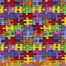 Cotton Jigsaw Puzzle &quot;Autism Awareness&quot; Cotton Fabric Print by the Yard ... - $11.95