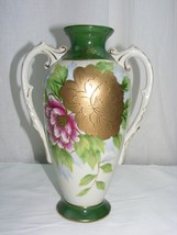 Vintage Porcelain 2 handled Vase Pink Gold Floral Design Japan - $729.06 MXN