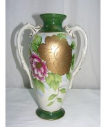 Vintage Porcelain 2 handled Vase Pink Gold Floral Design Japan - $39.13