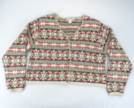 LL Bean Vintage 90s Cardigan Sweater Crop Fair Isle Stripe Cotton USA Sz L - £22.37 GBP