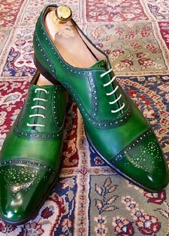 Men Green Burnished Brogues Cap Toe Oxford Lace Up Genuine Leather Shoes US 7-16