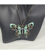Large Intricate Blue Enameled Multi Colored Rhinestone Butterfly Necklace  - £6.74 GBP