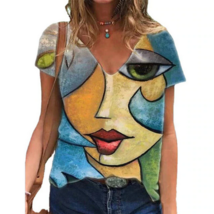 Tops Loose Vintage V Neck Tshirt Women&#39;s Summer Casual Oversize Print Sh... - £7.98 GBP
