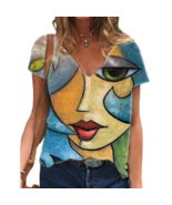 Tops Loose Vintage V Neck Tshirt Women&#39;s Summer Casual Oversize Print Sh... - £7.96 GBP