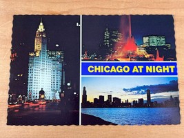 Vintage Postcard, Chicago, Illinois, Chicago at Night, Skyline, Wrigley Building - $4.75