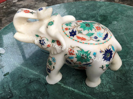 6&quot; White Marble Elephant Statue Pietra Dura Inlay Occasional Giving Decor E449 - £301.62 GBP