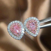 3.50Ct Pear Cut CZ Pink Sapphire Halo Stud Earrings 14K White Gold Plated - £89.91 GBP