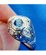 Earth mined Sapphire Diamond Deco Engagement Ring Vintage Solitaire 14k ... - €3.548,27 EUR