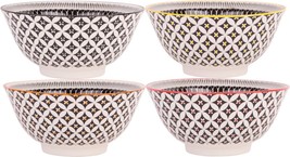 Set of 4 Assorted 6&quot; Black and White Stoneware Medallion Color Rim Bowls - £38.10 GBP