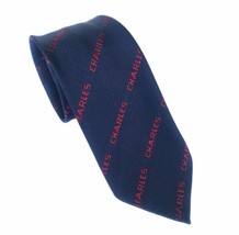 Vintage 1950s Men&#39;s Argence France Navy Red Charles Print Silk Neck Tie Skinny - £33.75 GBP