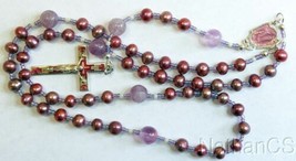 Catholic Rosary Rosenkranz Purple Pearl Amethyst Vintage Enameled Center &amp; Cross - £128.98 GBP