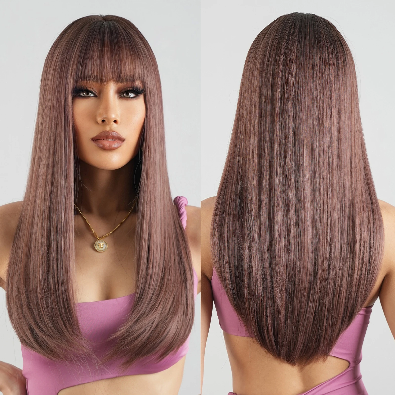 Pink Light Purple Cosplay Synthetic Long Straight Wigs Brown Fake Hairs Wig with - £17.74 GBP+