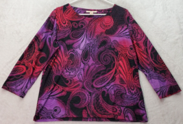 JM Collection Blouse Top Womens Petite Large Purple Magenta Paisley Long Sleeves - £14.51 GBP