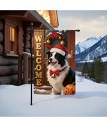 Christmas Garden Flag 12x18 – Black and White Border Collie Dog Santa Hat - $11.83