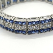 Vintage Simulated Blue Sapphire Tennis Bracelet 7&quot; 14K White Gold Plated Silver - $158.00