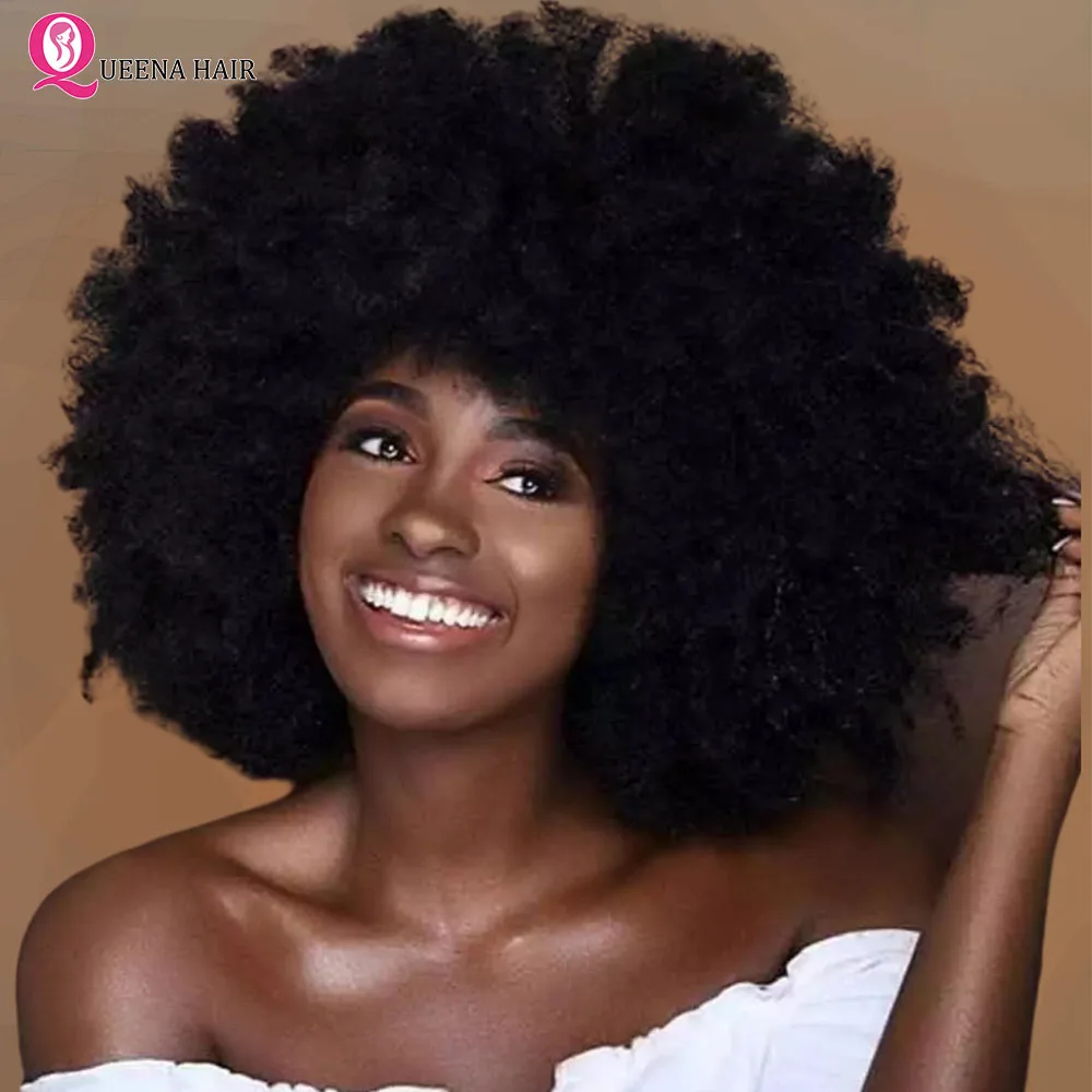 Afro Kinky Curly Human Hair Wig with Thick Bangs Fluffy Natural Short Bob Wi - £46.19 GBP+