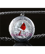 Cardinal Red Bird Cabochon LOCKET Pendant Silver Chain Necklace USA Ship... - £11.95 GBP