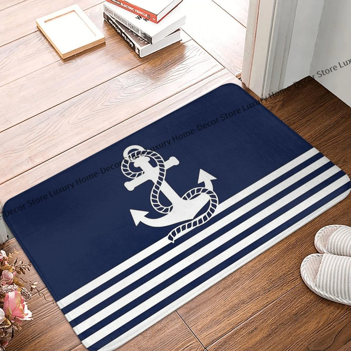 Doormat Living Room Mat Nautical Red White Stripes Red Anchor Blue Background Ba - £12.73 GBP