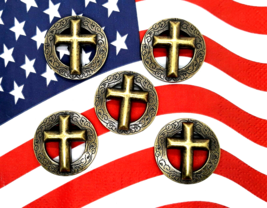 Western Cowboy Style Cross Concho Conchos 1 3/8&quot; Antique Brass Finish Five Count - £7.83 GBP