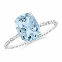 ANGARA Thin Shank Cushion Cut Aquamarine Ring With Diamond Accents - £957.90 GBP